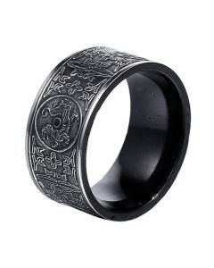 Buddha Stones Four Guardian Beast Dragon White Tiger Suzaku Basalt Carved Success Luck Ring - Ancient Silver / US13