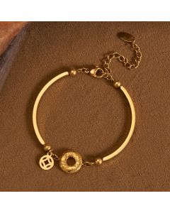 Buddha Stones Titanium Steel Peace Buckle Fu Character Chinese Coin Pendant Open Chain Bracelet - Titanium Steel(Strengthen ♥ Stimulation)(Wrist Circumference: 15–19 cm)