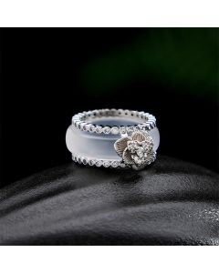 Buddha Stones Copper Inlaid White Camellia Retro Chinese Layered Ring - White Camellia Ring / US7（17.3mm）