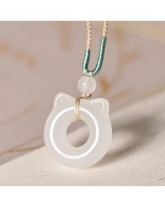Buddha Stones Tianshan Jade Peace Buckle Cat Prosperity Pendant Necklace - Natural Jade(Color May Vary)
