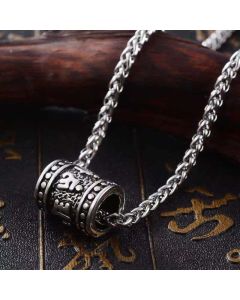 Buddha Stones Titanium Steel Om Mani Padme Hum Relief Carved Cylinder Necklace for Protection and Wisdom - Om Mani Padme Hum