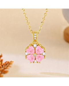 Buddha Stones Copper Pink Clover Inlaid Zircon Harmonic Connection Necklace - Pink