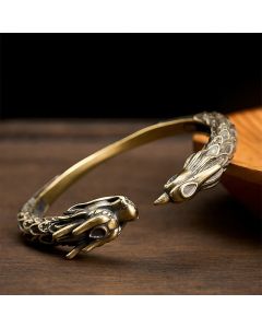 Buddha Stones Antique Brass Dragon and Phoenix Strength Open Cuff Bracelet - Dark Brass