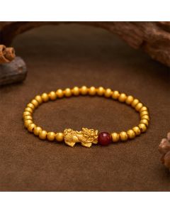 Buddha Stones Gold Plated Copper Red Agate Pi Xiu Wealth Round Bead Bracelet - PiXiu(Wealth ♥ Luck)