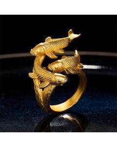 Buddha Stones Retro Alloy Three Koi Fish Wealth Open Ring - Three Koi Fish (US7)