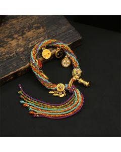 Buddha Stones Rainbow Braided String Om Mani Padme Hum Wisdom Tassel Bracelet - Five Wealth Gods(Wrist Circumference: 5.5–7.5 in /14–19 cm)