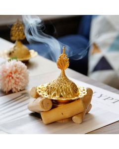 Gold Alloy Healing Mini Incense Burner With Wooden Coaster Home Decor - Gold Incense Burner 10.5*12cm
