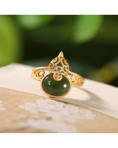 Buddha Stones Gourd Cyan Jade Copper Coin Success Luck Adjustable Ring - Cyan Jade(Success♥Healing)