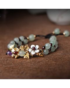 Buddha Stones Green Aventurine Garnet Bead Flower Petal Luck Bracelet - Garnet / White Flower