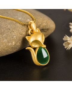 Buddha Stones Green Chalcedony Fox Pattern Courage Necklace Pendant - Green Chalcedony(Strength♥Courage)