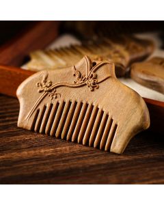 Buddha Stones Green Sandalwood Flower Pattern Engraved Soothing Comb - Green Sandalwood Comb(Tassel Style)