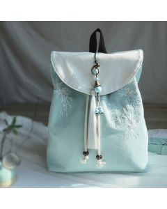 Buddha Stones Handmade Embroidered Large Capacity Canvas Backpack - White Tea Flower