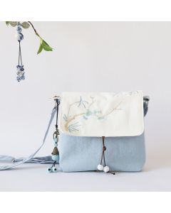 Buddha Stones Handmade Embroidered Plum Flowers Canvas Crossbody Bag Shoulder Bag Handbag - Dark Blue Plum 17*19cm
