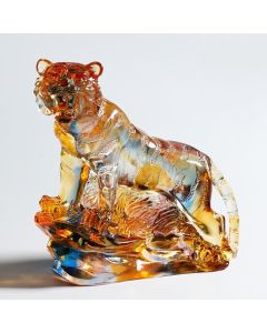 Buddha Stones Handmade Liuli Crystal Tiger Art Piece Protection Home Decoration - Orange&Base