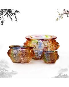 Buddha Stones Handmade Liuli Crystal Treasure Bowl Art Piece Home Decoration - 14.3cm*12.5cm*10cm