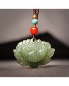 Buddha Stones Hetian Cyan Jade Lotus Flower Success Necklace Pendant - Hetian Cyan Jade(Success ♥ Healing)