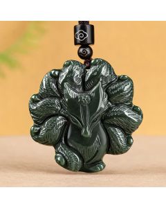 Hetian Cyan Jade Nine Tailed Fox Luck Necklace String Pendant - Hetian Cyan Jade (Success ♥ Healing)