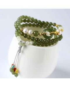 Buddha Stones Hetian Jade Pearl Peace Buckle Luck Wealth String Bracelet - Hetian Jade(Prosperity♥Abundance)