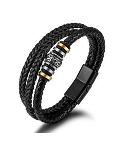 Buddha Stones Leather Layered Titanium Steel Balance Braided Bracelet - Black