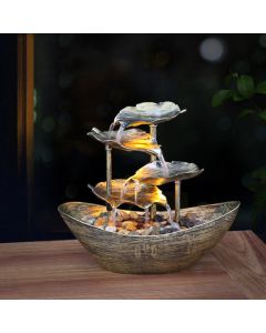 Buddha Stones Lotus Leaf Shaped Waterfall Fountain Tabletop Ornaments With LED Light Home Office Desktop Decoration - Gold(Metal Version)-Includes Approx. 10–15 Pebbles (~300g)