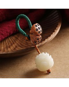 Buddha Stones Lotus Natural White Bodhi Seed Peach Wood Luck Keychain Decoration - 2