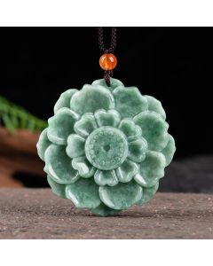 Buddha Stones Lotus Pattern Jade Luck Prosperity Necklace Pendant - Natural Jade(Color May Vary Slightly)