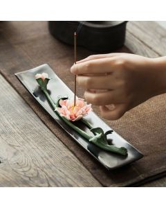 Buddha Stones Lotus Peony Rose Flower Ceramic Spiritual Incense Burner - Green Bamboo