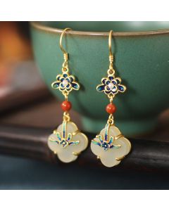 Buddha Stones Lucky Four Leaf Clover Jade Abundance Copper Earrings - Jade