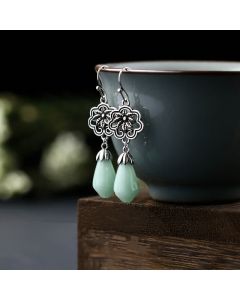 Buddha Stones Magnolia Flower Jade Water Drop Prosperity Dangle Earrings - Jade(Prosperity♥Abundance)