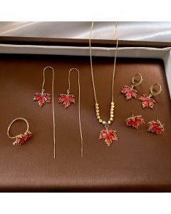 Buddha Stones Maple Leaf Zircon Luck Necklace Pendant Ring Earrings - Set (Stud Earrings+Round Earrings+Earrings+Ring+Necklace)