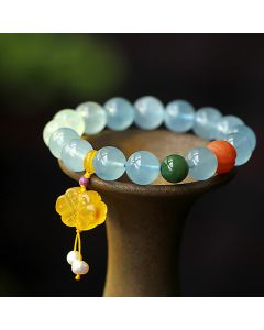 Buddha Stones Natural Aquamarine Amber Chinese Knotting Charm Peace Bracelet - Aquamarine