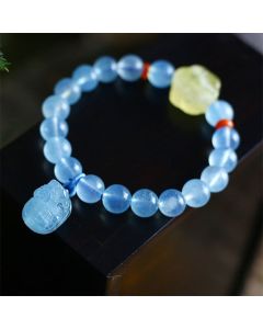 Buddha Stones Natural Aquamarine Amber Pixiu Peace Healing Charm Bracelet - Aquamarine