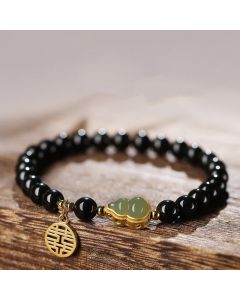 Buddha Stones Natural Black Obsidian Hetian Jade Gourd Double Happiness Strength Bracelet - 10mm