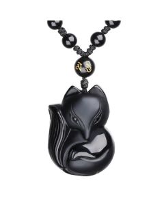 Buddha Stones Natural Black Obsidian Tiger Eye Ice Obsidian Fox Pendant Amulet Necklace - Ice Obsidian2