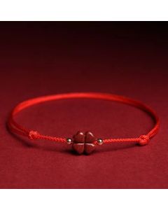 Buddha Stones Natural Cinnabar Four Leaf Clover Blessing Red String Bracelet Anklet - Black / Anklet(Anklet Circumference 21-27cm) / With Golden Bead