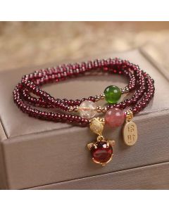 Buddha Stones Natural Garnet Strawberry Quartz Crystal Fox Koi Fish Peace Buckle Fortune Protection Triple Wrap Bracelet - Garnet&Peace Buckle(Wrist Circumference 14-16cm)