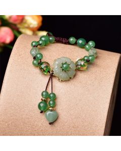 Buddha Stones Natural Green Jade Luck Dangling Flower Bracelet - Flower&Love