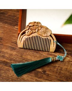 Natural Green Sandalwood Lotus Flower Leaf Engraved Soothing Comb - Green Sandalwood Comb(Simple Style)