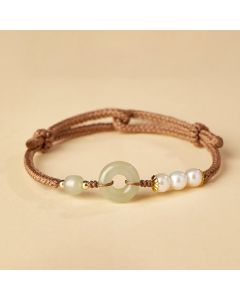 Buddha Stones Natural Hetian Jade Pearl Peace Buckle Luck Bracelet - Black
