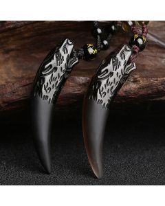 Buddha Stones Natural Ice Obsidian Wolf Tooth Pattern Courage Necklace Pendant - 41*14mm Ice Obsidian&Bodhi Seed&Brown String