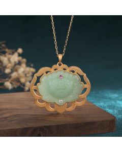 Buddha Stones Natural Jade Lotus Harmony Necklace Pendant - 40*40mm