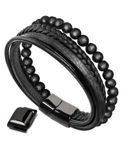 Buddha Stones Natural Lava Rock Black Onyx Bead Leather Bracelet - No Bead Edition