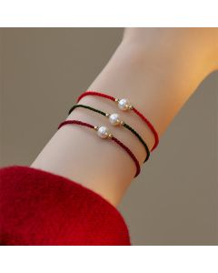 Buddha Stones Natural Pearl Bead Luck Braid String Bracelet - Black(Wrist Circumference 14-19cm)