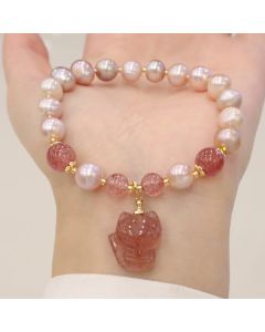 Buddha Stones Natural Pearl Strawberry Quartz Cute Fox Love Healing Charm Bracelet - Pearl&Strawberry Quartz