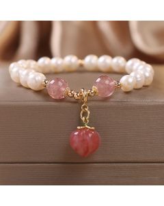 Buddha Stones Natural Pearl Strawberry Quartz Peach Love Heart Wisdom Charm Bracelet - Pearl&Strawberry Quartz