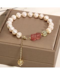 Buddha Stones Natural Pearl Strawberry Quartz PiXiu Optimism Charm Bracelet - Pearl&PiXiu Strawberry Quartz