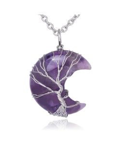 Buddha Stones Natural Quartz Crystal Moon Tree Of Life Healing Energy Necklace Pendant - Black Onyx