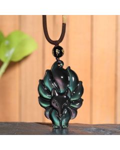 Buddha Stones Natural Rainbow Obsidian Gold Sheen Obsidian Nine Tailed Fox Positive Necklace Pendant - Rainbow Obsidian Small Fox