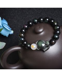 Buddha Stones Natural Rainbow Obsidian Gold Sheen Obsidian Silver Sheen Obsidian Fox Healing Bracelet - Silver Sheen Obsidian / Pig