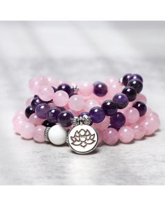 Buddha Stones Natural Rose Quartz & Amethyst Mala Bead Lotus Pendant Bracelet - Om Pendant